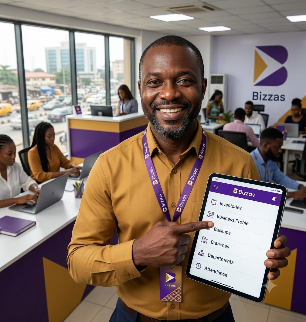 An office administrator pointing at the Bizzas business profile menu on a tablet