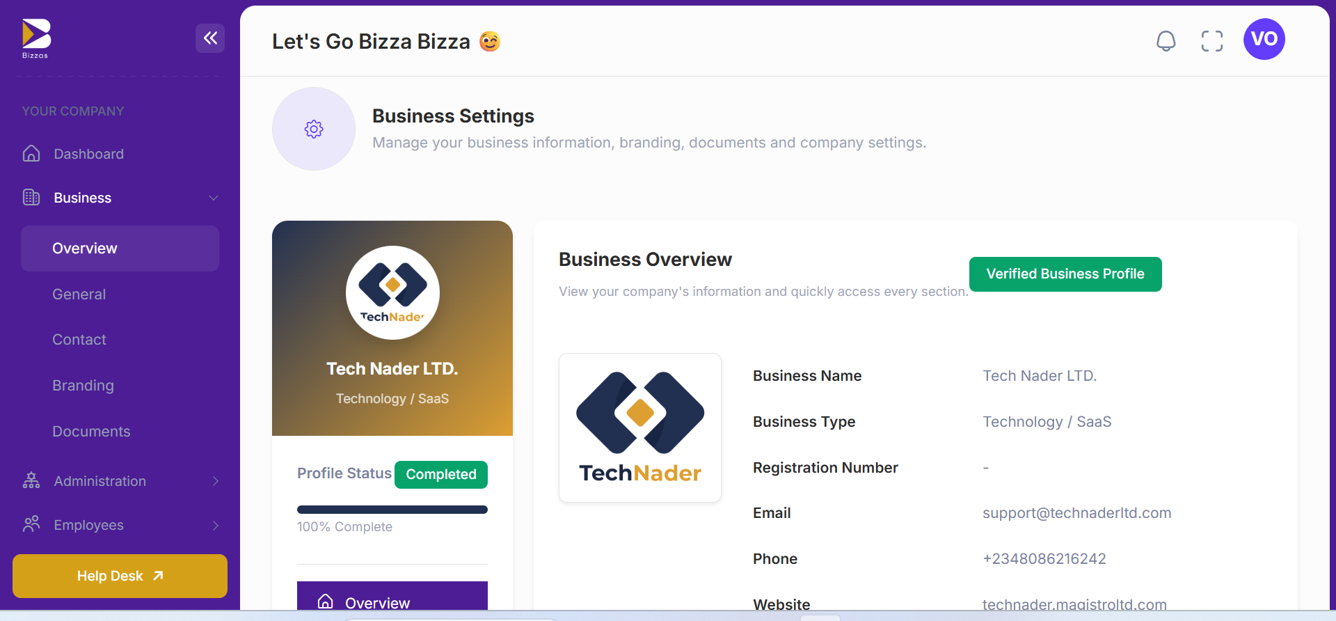 Bizzas business overview and profile screen