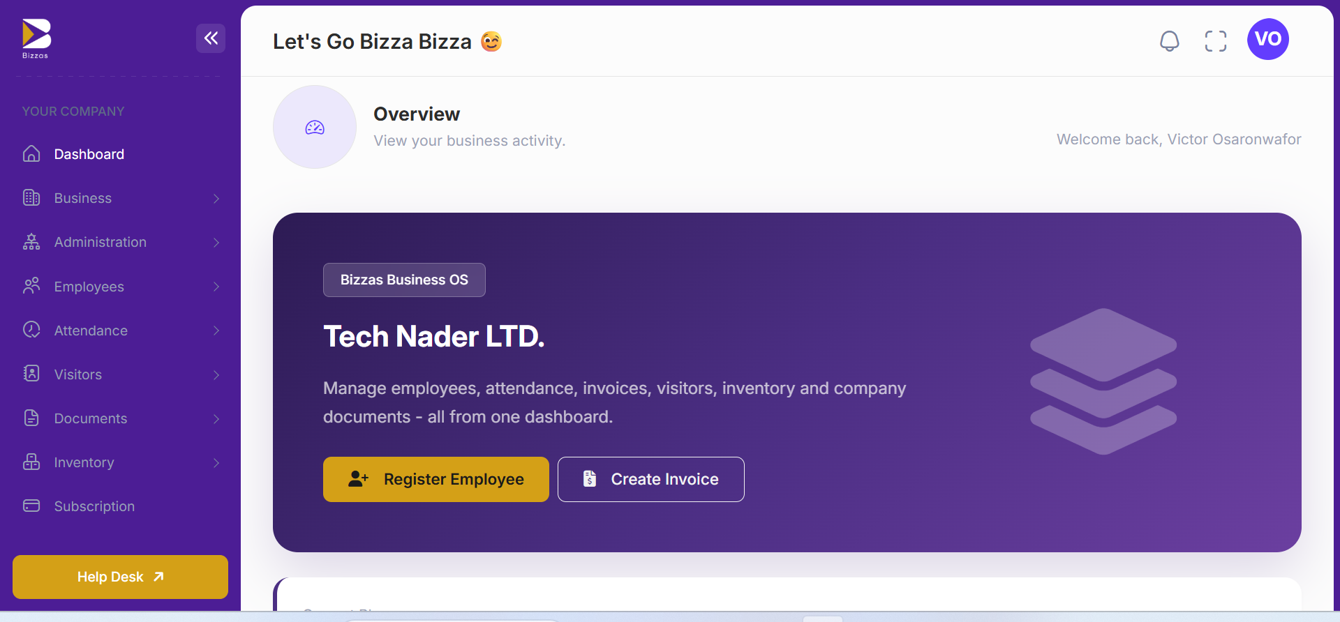 Bizzas dashboard overview showing Tech Nader LTD business snapshot