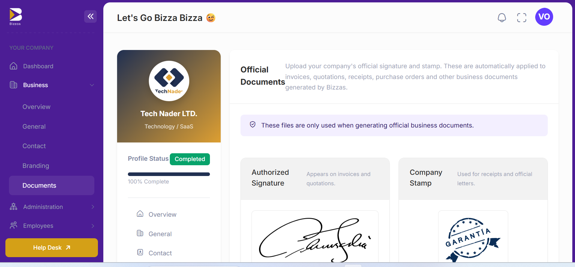 Bizzas official documents screen showing signature and stamp upload