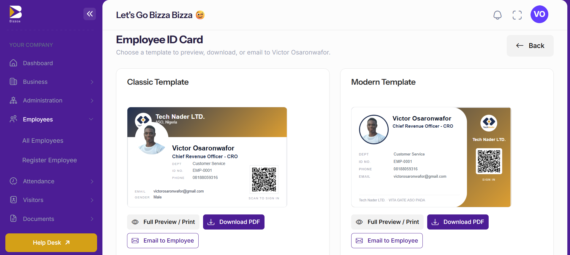 Bizzas dashboard with employee and attendance quick actions