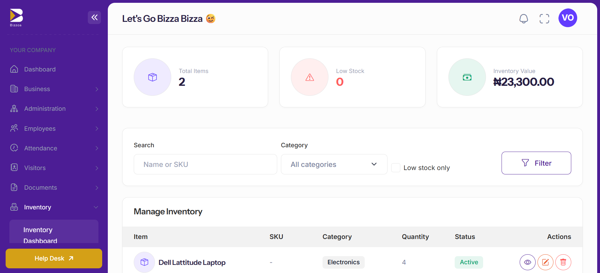 Bizzas inventory management overview