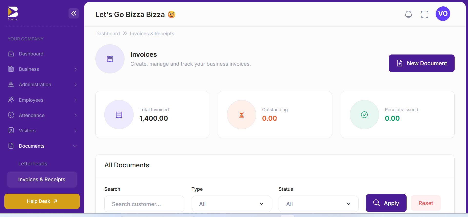 Bizzas invoices and receipts screen