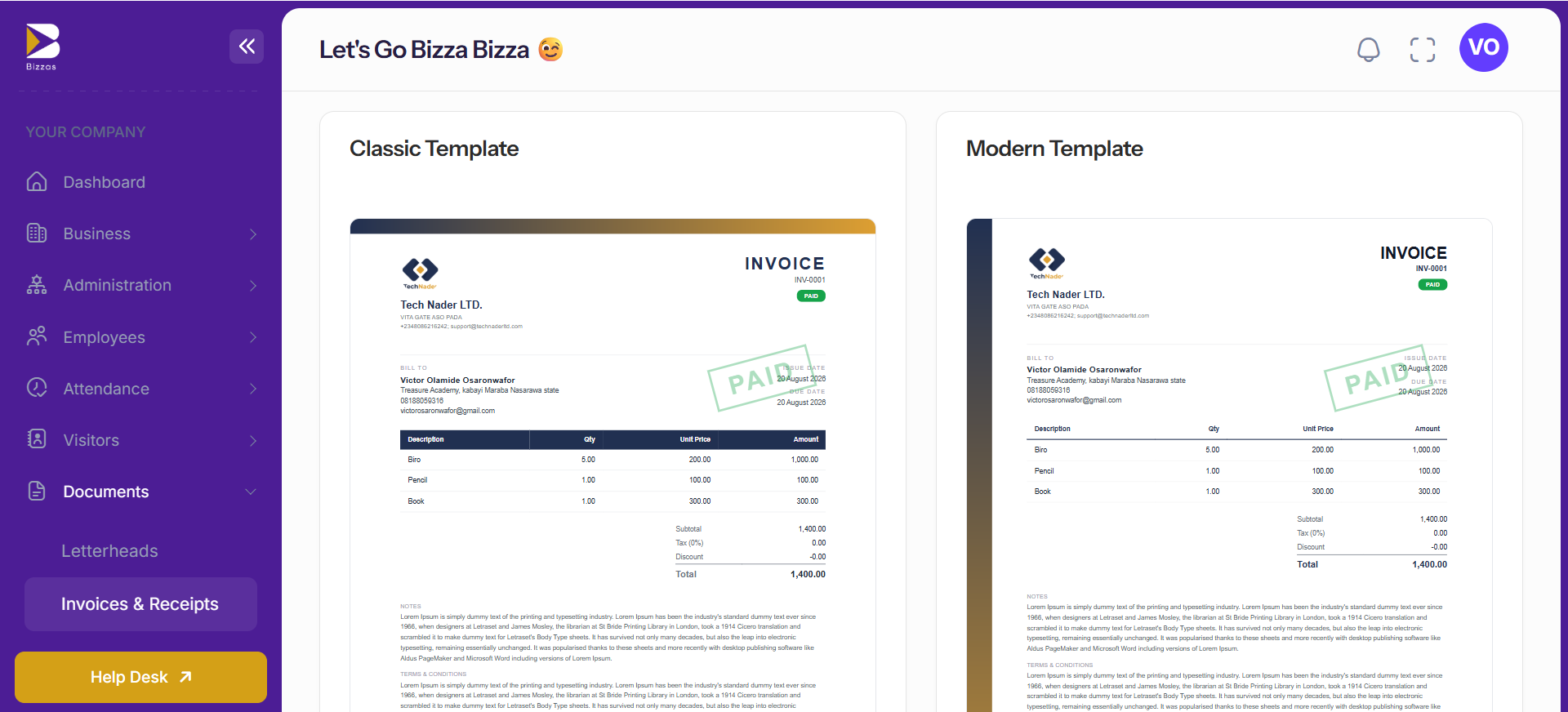 Bizzas invoices and receipts management screen