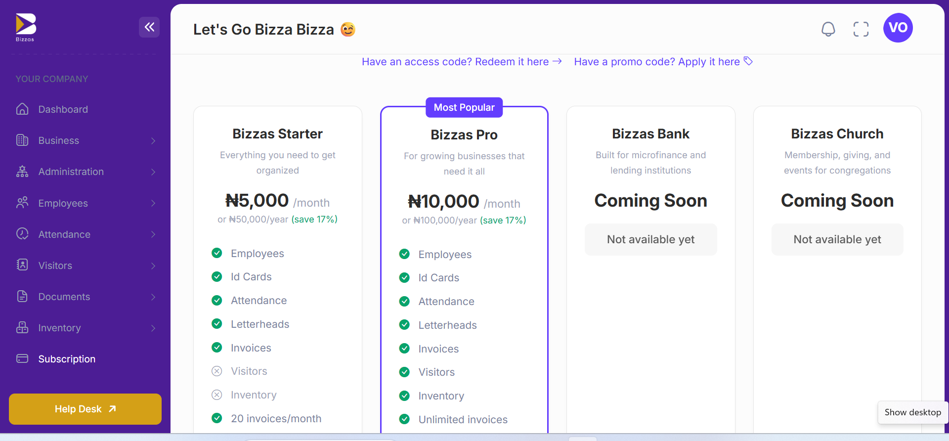 Bizzas in-app subscription plans screen