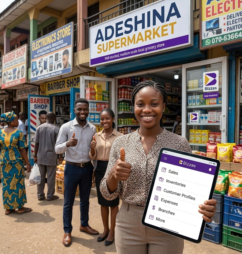 A supermarket owner showing the Bizzas app on a tablet in front of her store