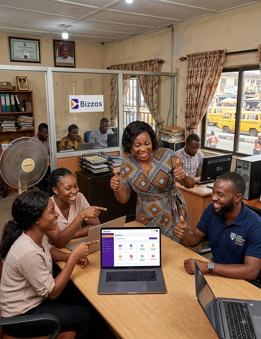 A Nigerian office team celebrating around a laptop running the Bizzas dashboard
